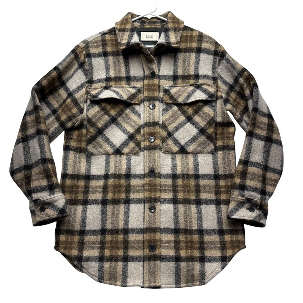 AYR Womens The Big Mood 100% Wool Shirt Jacket Shacket Plaid Browns Size Large